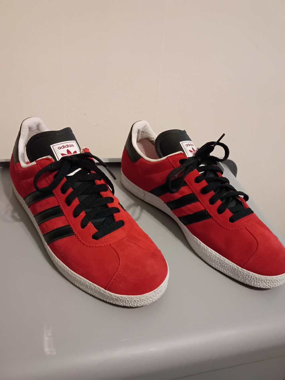 Large Mens Size 10 Vintage Red with Black Stripes Adidas Gazelles